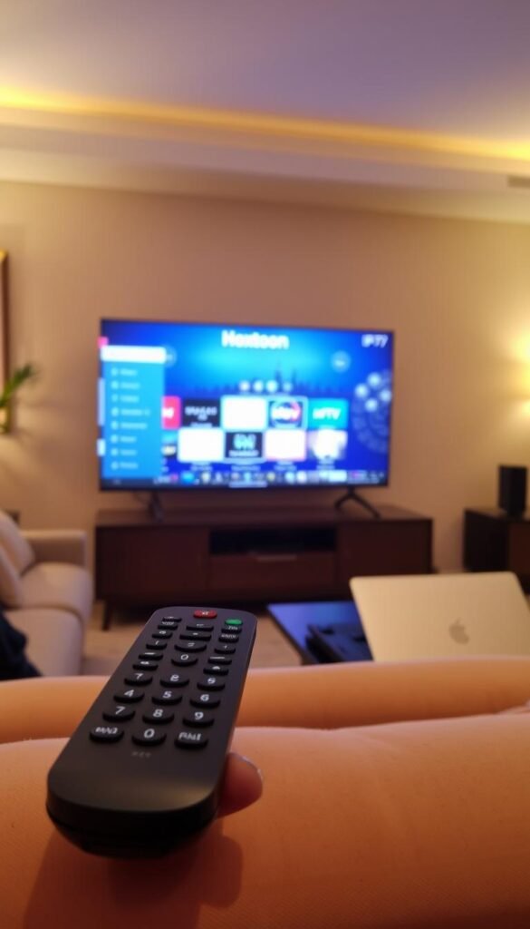 A cozy living room setting with a modern TV display showcasing the Hoxtoon Provider IPTV service interface. The room is illuminated by warm, diffused lighting, creating a welcoming and relaxed atmosphere. In the foreground, a sleek, minimalist remote control is prominently placed, hinting at the user-friendly experience. The middle ground features a comfortable sofa and a coffee table, where a laptop or tablet is open, highlighting the versatility of the IPTV service. The background subtly depicts the skyline of a British city, emphasizing the availability of this affordable IPTV option for UK viewers.