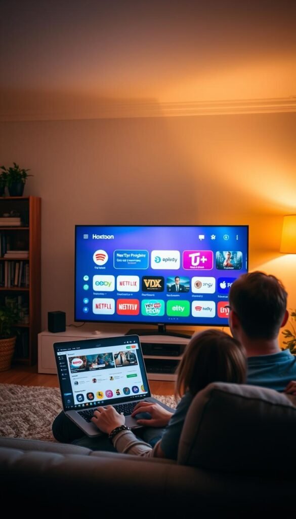 A cozy living room with a large TV screen displaying the Hoxtoon Provider IPTV service interface. The screen showcases a clean, user-friendly design with intuitive menus and a wide selection of channels. In the foreground, a person sitting on a comfortable sofa, laptop open, browsing the Hoxtoon app and reading reviews. Warm, soft lighting creates a relaxed atmosphere, while the background features bookshelves and plants, conveying a sense of a modern, tech-savvy home. The overall scene suggests a positive user experience with the Hoxtoon IPTV service in Germany.