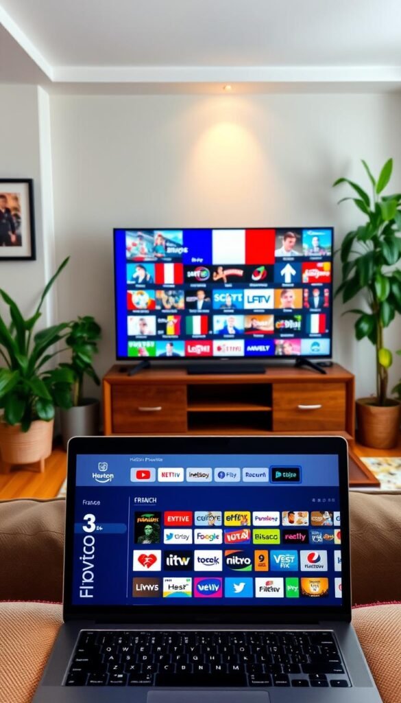 A cozy living room with a large flat-screen TV displaying a vibrant, diverse selection of IPTV channels from France. The TV is situated on a stylish wooden media console, surrounded by lush houseplants and framed artwork on the walls. The lighting is warm and inviting, creating a relaxed atmosphere. In the foreground, a laptop or tablet showcases the Hoxtoon Provider interface, highlighting the extensive 350+ channel lineup available for French viewers. The scene conveys the convenience and enjoyment of accessing a wide range of French programming from the comfort of one's home.
