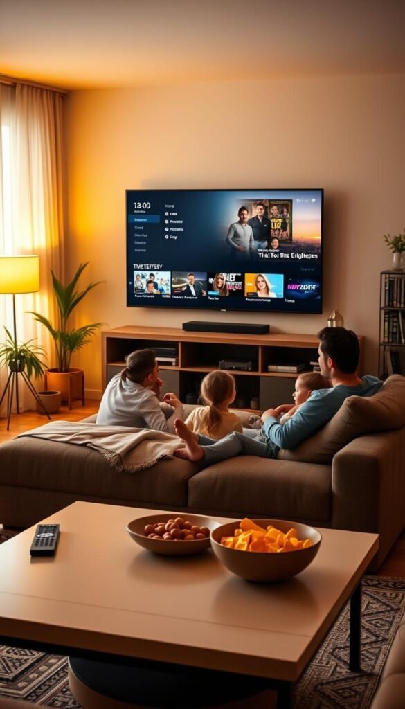 A cozy living room with a large flat-screen TV prominently displayed, showcasing the Hoxtoon Provider's catch-up TV interface. Soft, warm lighting illuminates the space, creating a relaxed atmosphere. In the foreground, a modern coffee table with a remote control and a bowl of snacks, inviting the viewer to settle in and enjoy the time-shifting features. The middle ground features a comfortable sofa and armchair, where a family is engaged in the catch-up experience, their faces lit by the glow of the screen. In the background, bookshelves and potted plants add depth and a sense of homeliness. The overall scene conveys the convenience and comfort of the Hoxtoon Provider's catch-up TV service.