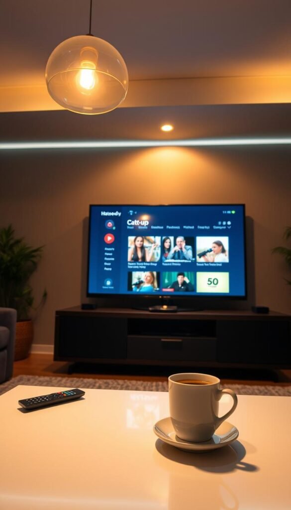 A cozy living room with a large, flat-screen TV taking center stage. The TV displays the sleek, modern interface of the Hoxtoon Provider IPTV service, showcasing its catch-up feature. Warm, ambient lighting casts a soft glow, creating a welcoming atmosphere. In the foreground, a remote control and a cup of coffee sit on a stylish, minimalist coffee table, hinting at the relaxed experience of rewatching missed shows. The room is decorated with subtle, contemporary elements, suggesting a tech-savvy, yet comfortable setting. The overall scene conveys the convenience and enjoyment of accessing a wide range of content through the Hoxtoon Provider IPTV catch-up functionality.