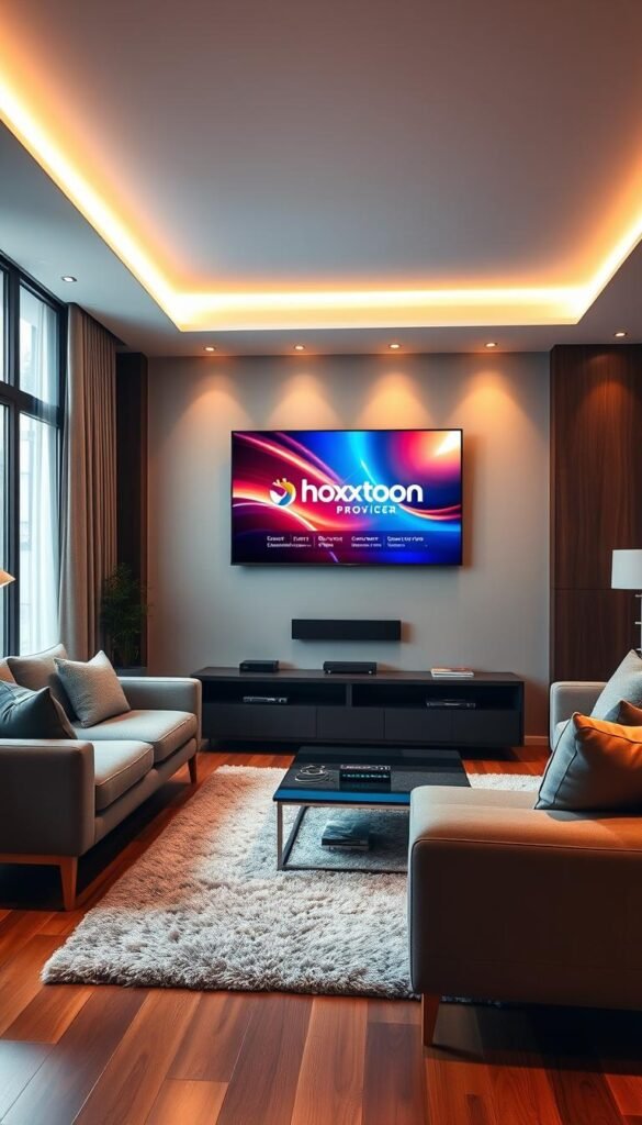A cozy living room with a large flatscreen TV mounted on the wall, displaying a vibrant, high-definition IPTV streaming interface. Sleek, modern furniture surrounds the TV, and a plush rug covers the hardwood floor. Warm, indirect lighting creates a comfortable ambiance, while a large window allows natural light to filter in, casting a soft glow on the scene. On the TV screen, the Hoxtoon Provider logo is prominently displayed, showcasing its seamless IPTV streaming experience. The room exudes a sense of relaxation and entertainment, perfectly capturing the "Optimizing Your Streaming Experience" concept.