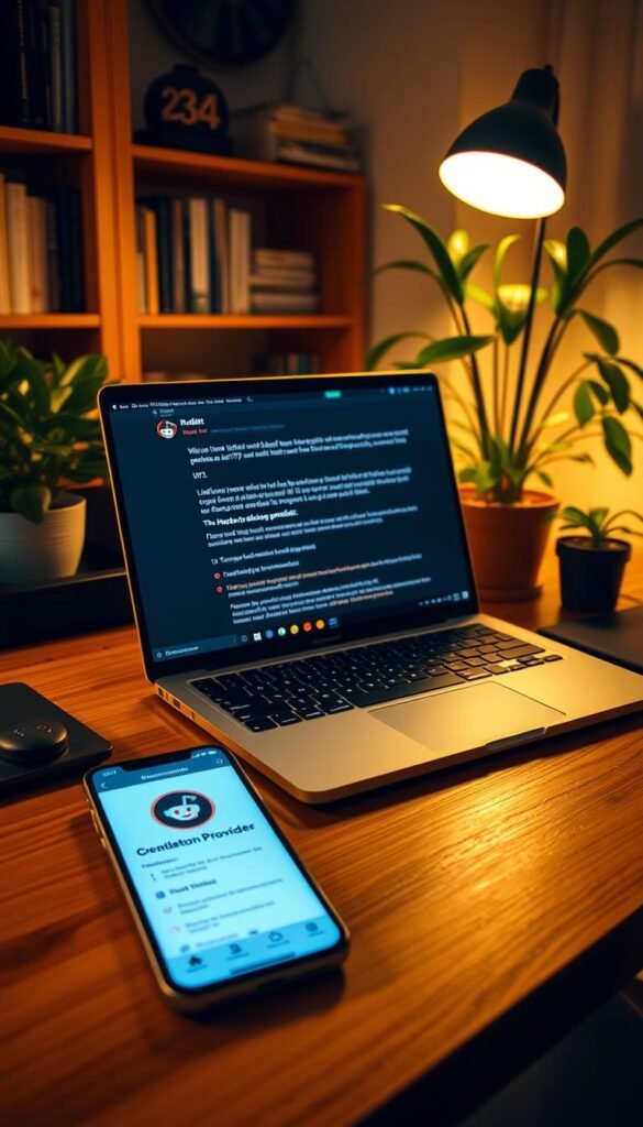 A cozy, well-lit home office scene, with a laptop and a smartphone on a wooden desk. The laptop screen displays a Reddit thread discussing the best IPTV service providers, while the smartphone shows the Hoxtoon Provider app interface. Warm, indirect lighting creates a soft, inviting atmosphere. The background features a bookshelf and potted plants, conveying a sense of productivity and tranquility. The focus is on the technology, showcasing the seamless integration of IPTV services and the Hoxtoon Provider's customer support capabilities.