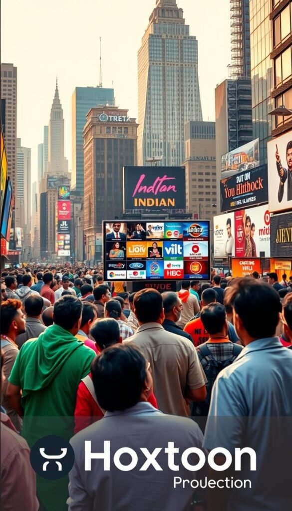 A crowded urban setting in the United States, with a diverse array of people from different backgrounds. In the foreground, a group of Indian individuals gathered around a large television, intently watching various Indian television channels displayed on the screen. The middle ground features billboards and signage advertising popular Indian channels, creating a vibrant and lively atmosphere. In the background, a bustling city skyline with skyscrapers and iconic landmarks, representing the growing presence of Indian culture in the American landscape. The scene is illuminated by warm, natural lighting, conveying a sense of cultural fusion and the increasing demand for Indian entertainment content in the USA. The Hoxtoon Provider logo is prominently displayed, indicating the availability of these Indian channels through their service.