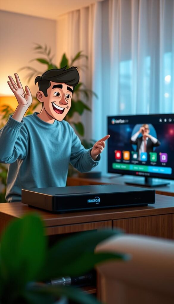 A customer enthusiastically using a Hoxtoon IPTV box in a cozy living room. The box is sleek and modern, sitting atop a wooden entertainment center, surrounded by lush indoor plants and soft ambient lighting. The user's face is animated with a warm, satisfied expression as they navigate the intuitive interface, immersed in a seamless IPTV streaming experience. The scene conveys a sense of comfort, reliability, and the customer's delight with the Hoxtoon Provider service.