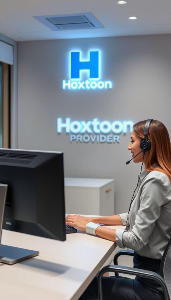 A customer service representative dressed in a professional attire, sitting at a desk in a modern office environment. The office features clean lines, muted colors, and subtle lighting, creating a calming and focused atmosphere. The representative is intently focused on a computer screen, assisting a customer on the phone with a friendly and patient demeanor. In the background, the Hoxtoon Provider logo is prominently displayed, signifying the high-quality IPTV service being discussed. The scene conveys a sense of reliable and responsive customer support, in line with the article's subject matter.