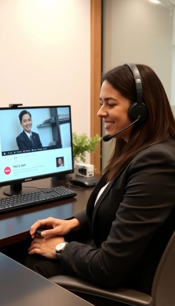 A customer service representative for the Hoxtoon Provider IPTV service, dressed professionally, sitting at a desk and providing assistance to an expat customer over a video call. The scene is well-lit, with a clean and modern office backdrop. The representative has a friendly, approachable demeanor, conveying the high-quality customer support that Hoxtoon is known for. The expat customer appears satisfied, indicating the reliability and dependability of the Hoxtoon IPTV service.