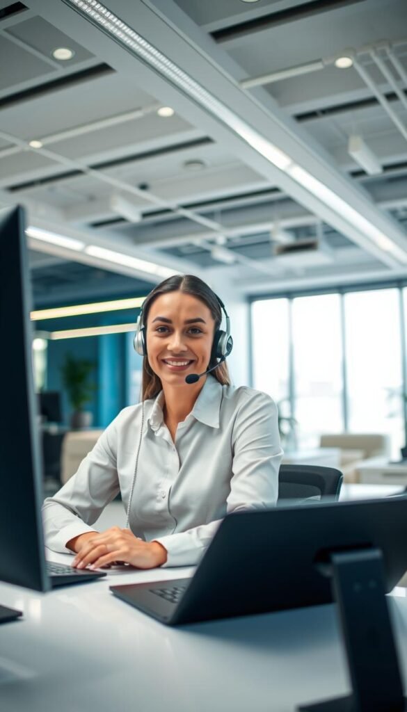 A customer service representative from the Hoxtoon Provider IPTV company sits at a desk, calmly assisting a client over the phone. The office is well-lit, with a modern and professional atmosphere. The representative's expression conveys patience and empathy as they navigate the client's technical issue. In the background, a sleek, minimalist office layout can be seen, with stylish furniture and decor. The scene is captured through a wide-angle lens, creating a sense of depth and context. The overall mood is one of competence, reliability, and a commitment to customer satisfaction.