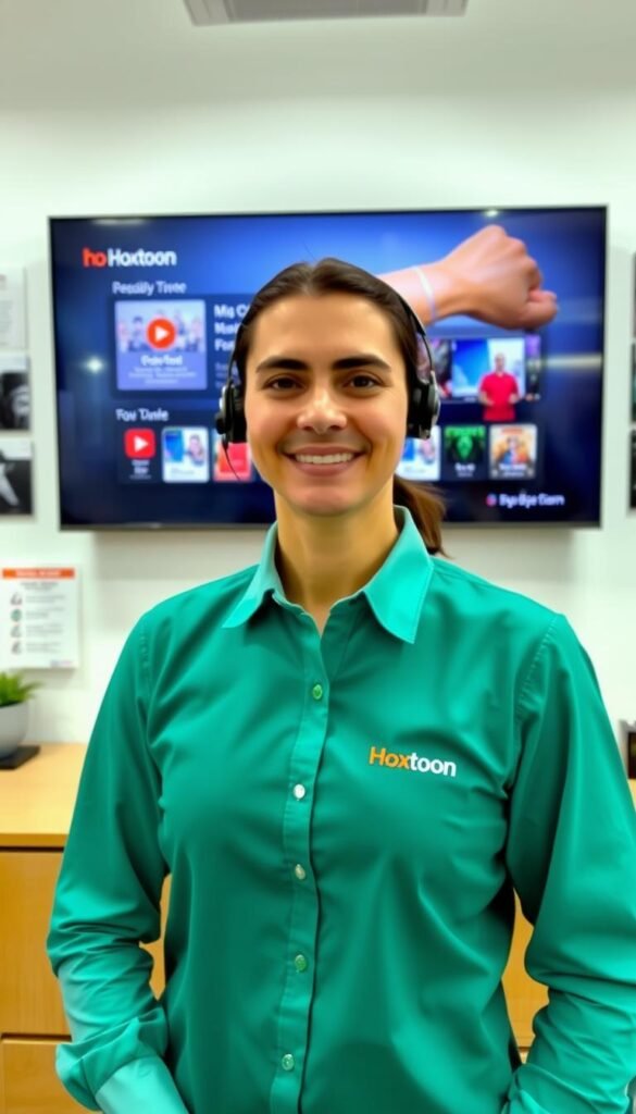 A customer service representative from the Hoxtoon Provider IPTV service standing confidently in a well-lit office, surrounded by modern technology and helpful visual aids. The representative's face is warm and welcoming, conveying a sense of expertise and reliability. In the background, a minimalist but sleek user interface showcases the Hoxtoon app on a Firestick, highlighting the seamless integration and user-friendly experience. The overall atmosphere is professional, reassuring, and focused on providing exceptional customer support and service guarantees to Hoxtoon's valued subscribers.