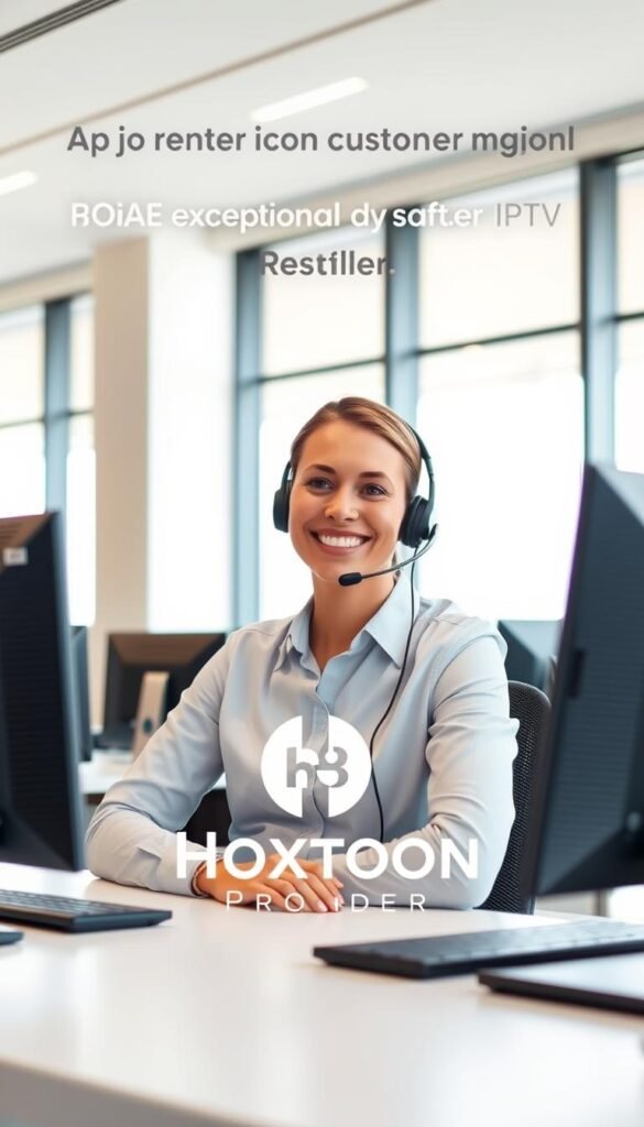 A customer service representative wearing a headset and a friendly expression, sitting at a desk in a modern office with a stylish "Hoxtoon Provider" logo visible. The office features large windows, letting in plenty of natural light and creating a warm, inviting atmosphere. The representative is surrounded by computer monitors and a sleek, minimalist design, conveying a sense of professionalism and efficiency. The scene captures the essence of providing exceptional customer service as an IPTV reseller, with a focus on the human element and the company's brand identity.