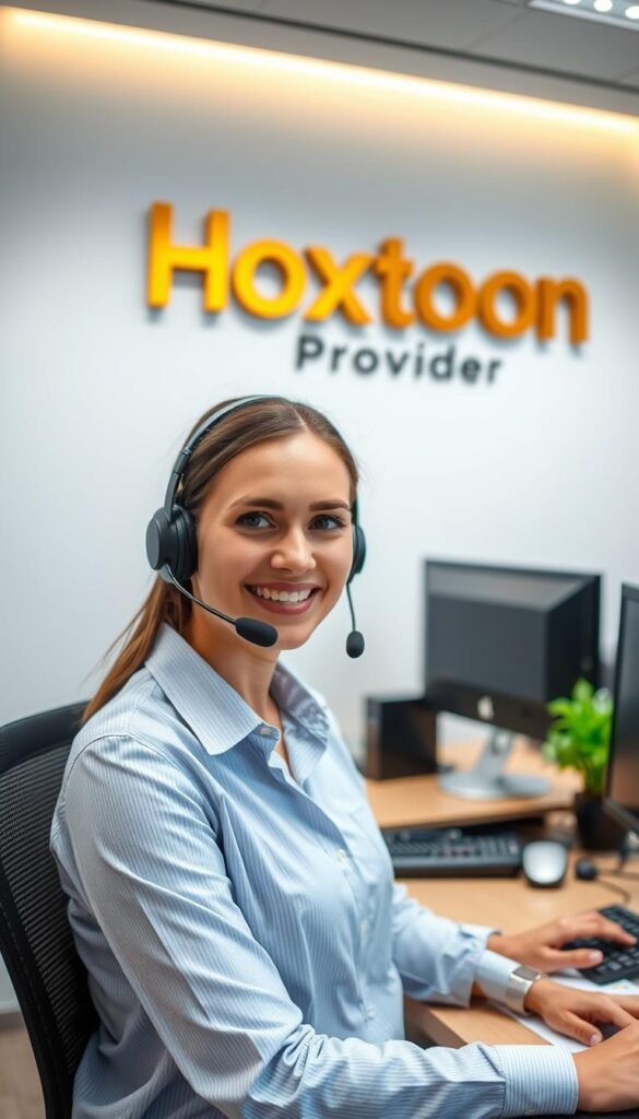 A customer service representative wearing a professional headset, sitting at a desk in a modern, well-lit office. The Hoxtoon Provider logo is prominently displayed on the wall behind them. The agent's expression is friendly and attentive, ready to assist an IPTV customer with their inquiries. The scene is captured with a slightly elevated camera angle, creating a sense of approachability and accessibility. The overall mood is one of efficient, reliable, and personalized customer support.