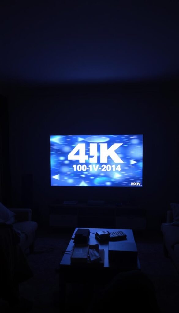 A dark, dimly-lit living room, with a large TV screen displaying a 4K IPTV feed from the Hoxtoon Provider. The image is slightly blurry, with motion artifacts and pixelation, conveying the common challenges of IPTV streaming quality. The room is bathed in a soft, warm glow, with a sense of frustration and disappointment. The TV is the focal point, surrounded by a cluttered coffee table and worn furniture, hinting at the suboptimal home entertainment setup. The overall mood is one of dissatisfaction and the need for a better IPTV solution.