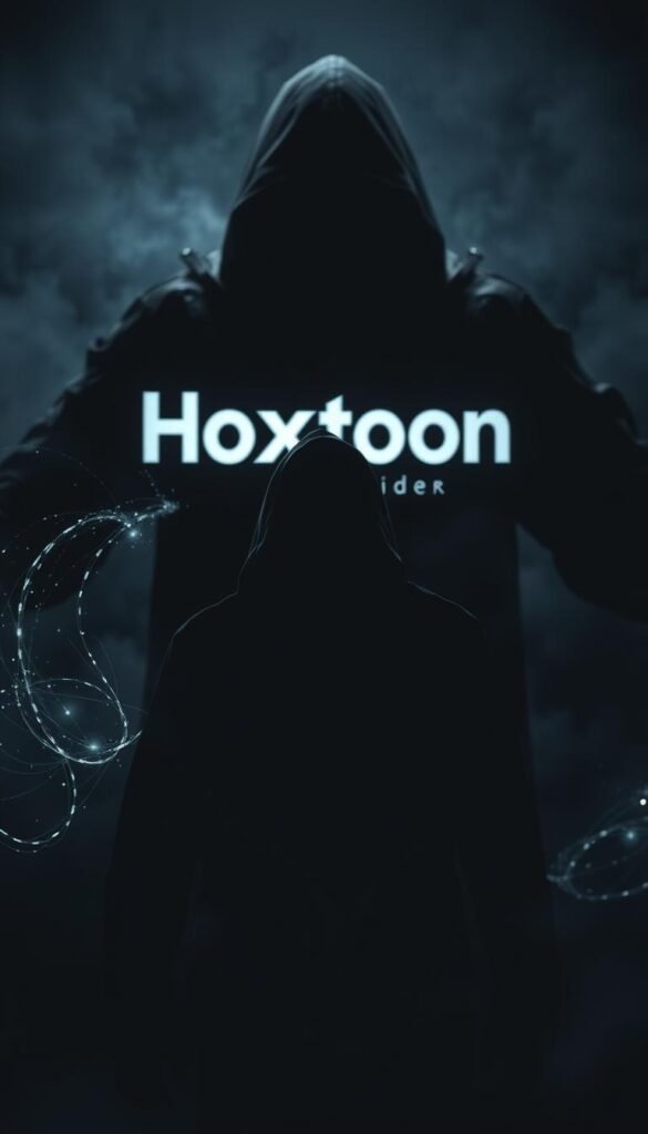 A dark, foreboding scene depicting the security risks associated with unreliable IPTV providers. In the foreground, a shadowy figure representing a hacker or cyber criminal, surrounded by a swirling vortex of digital data, conveying the threat of data breaches and unauthorized access. In the middle ground, a flickering, unstable IPTV connection, symbolizing the unreliability and vulnerabilities of unsecured IPTV services. In the background, a looming, ominous presence of the "Hoxtoon Provider" brand, casting an unsettling shadow over the entire scene. The lighting is low and dramatic, creating a sense of tension and unease. The overall mood is one of danger, risk, and the need for caution when selecting IPTV providers.