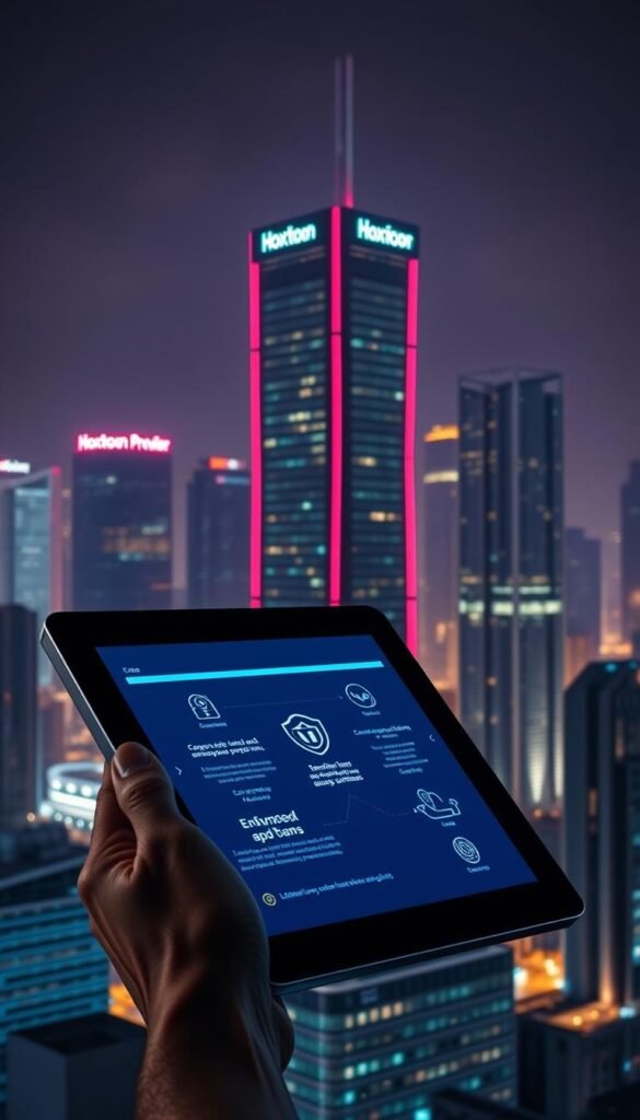 A dark, futuristic cityscape at night, with a towering, sleek Hoxtoon Provider data center in the background, its holographic security systems and encrypted servers prominently displayed. In the foreground, a close-up of a hand holding a tablet, showcasing the advanced IPTV security features and authentication protocols, bathed in a cool, bluish hue from the screen. The scene conveys a sense of technological sophistication, data protection, and the importance of secure IPTV services for discerning users.
