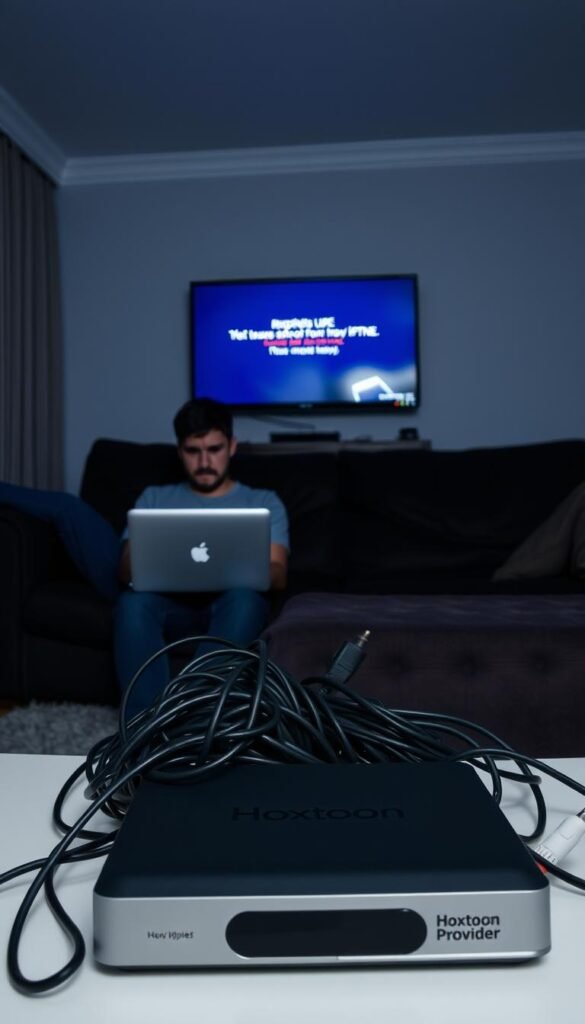 A dark, gloomy living room with a person sitting on a sofa, laptop on their lap, a frown on their face. In the background, a flickering TV screen shows an error message, indicating issues with an IPTV service. The room is dimly lit, with a sense of frustration and disappointment. In the foreground, a pile of tangled cables and a Hoxtoon Provider set-top box, symbolizing the technical difficulties encountered when using IPTV in the UK.