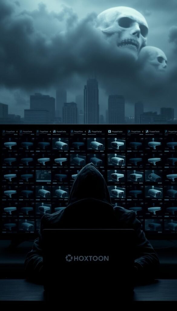 A dark, moody scene depicting the risks of IPTV security. In the foreground, a shadowy figure hunched over a laptop, their face obscured, hacking into an unsecured IPTV network. Hoxtoon Provider's logo is prominently displayed, representing the illicit service. The middle ground shows a grid of surveillance camera feeds, each displaying sensitive user data and financial information. In the background, a looming, ominous cityscape, conveying the sense of danger and the unseen threats lurking in the digital landscape. Dramatic lighting, deep shadows, and a muted color palette create an atmosphere of foreboding and unease.