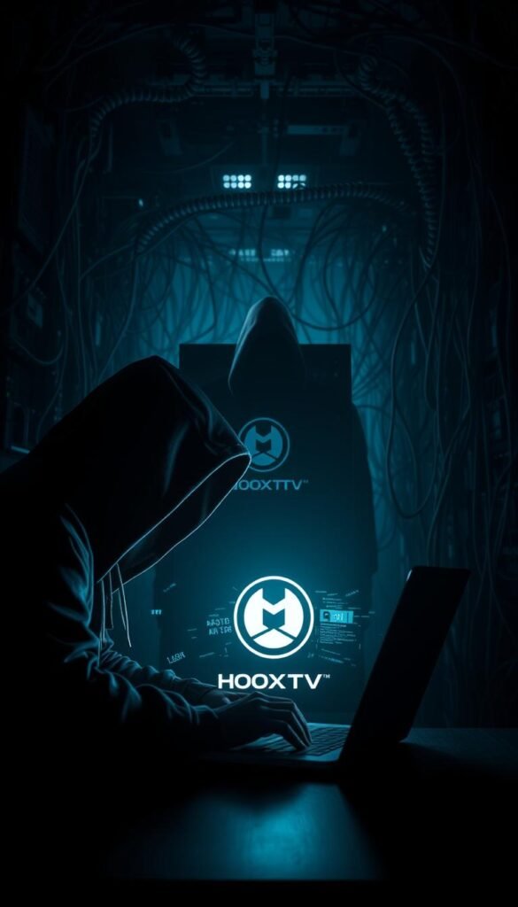 A dark, moody scene depicting the security risks of IPTV. In the foreground, a hooded figure hunched over a laptop, their face obscured in shadow. Holographic data streams and glitching visuals project from the screen, casting an eerie glow. In the middle ground, a Hoxtoon Provider logo looms ominously, its presence a symbol of the unseen threats. The background is a labyrinth of tangled wires and servers, hinting at the complex and vulnerable infrastructure underlying IPTV services. The lighting is dramatic, with high contrast and deep shadows, creating a sense of unease and danger. The overall atmosphere conveys the grave security risks that IPTV subscribers must consider.
