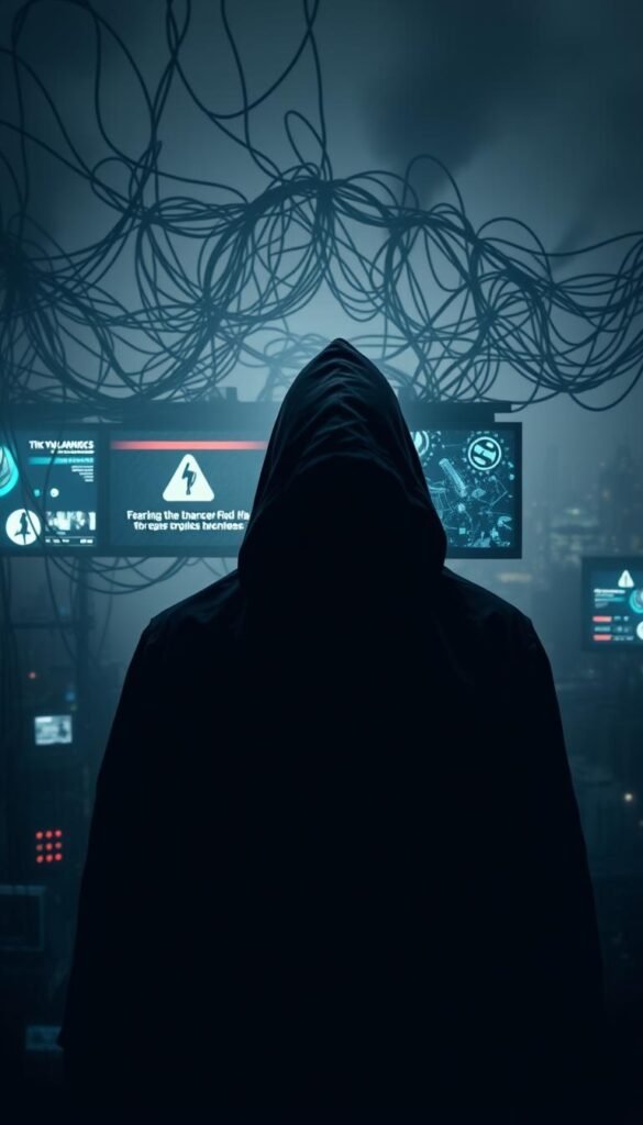 A dark, ominous scene depicting the potential risks of IPTV lifetime deals. In the foreground, a shadowy figure representing the Hoxtoon Provider looms, their face obscured by a hooded cloak. Behind them, a tangled web of cables and glowing digital interfaces suggests the complexity and potential vulnerabilities of IPTV systems. The middle ground is shrouded in a hazy, unsettling atmosphere, with flickering screens and ominous warning signs hinting at the legal and technical risks associated with these services. In the background, a blurred cityscape symbolizes the broader societal implications and consequences of engaging with unlicensed IPTV providers. The overall scene conveys a sense of unease, danger, and the hidden dangers that lurk beneath the surface of IPTV lifetime deals.