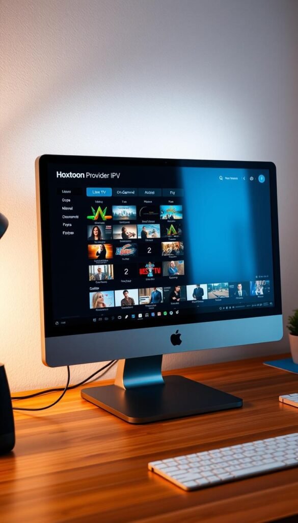 A desktop computer screen displaying the Hoxtoon Provider IPTV software interface. The software showcases a clean, modern design with a dark-themed user interface. On the screen, various live TV channels and on-demand content are neatly organized, allowing the user to easily navigate and select their desired programming. The display is illuminated by a soft, natural lighting setup, creating a cozy and inviting atmosphere. The computer itself is positioned on a wooden desk, with a minimalist and clutter-free workspace surrounding it, suggesting a productive and comfortable work environment.