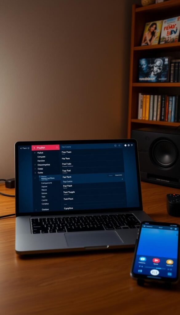 A desktop setup with a laptop, smartphone, and remote control showcasing the Hoxtoon Provider m3u playlist interface. The laptop screen displays the Hoxtoon Provider's m3u playlist setup, with a clean and intuitive user interface. The smartphone is positioned nearby, indicating the ability to control and manage the IPTV service on the go. The remote control suggests seamless navigation through the Hoxtoon Provider's entertainment offerings. The scene is well-lit, with a soft, warm glow illuminating the workspace, creating a cozy and inviting atmosphere. The overall composition emphasizes the ease and convenience of setting up and using the Hoxtoon Provider IPTV service.