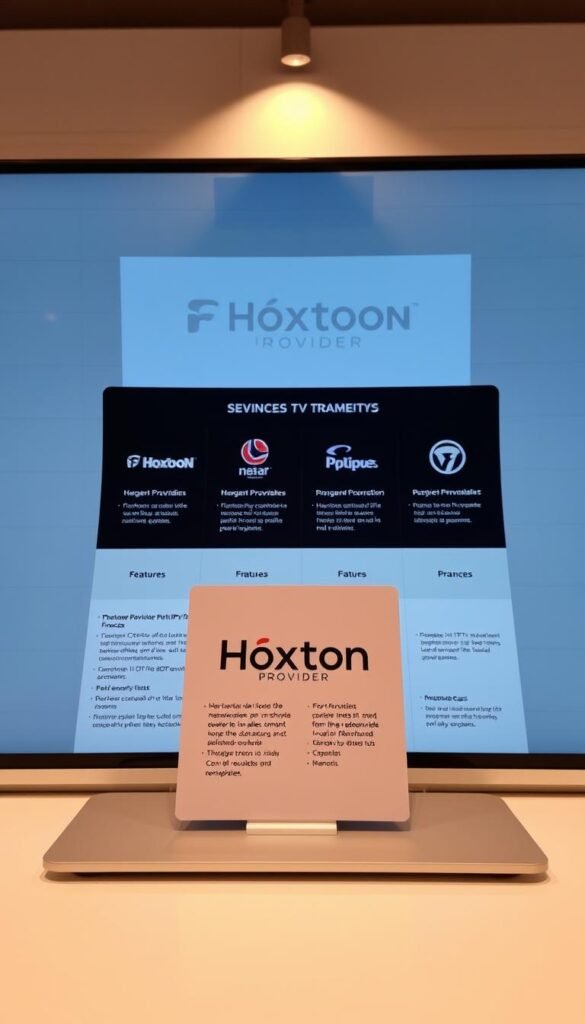 A detailed comparison of IPTV providers in France, showcased on a sleek, modern desktop display. In the foreground, the Hoxtoon Provider logo stands prominently, flanked by concise bullet points highlighting its key features and offerings. The middle ground features neatly arranged panels displaying the logos and brief descriptions of other leading IPTV providers in the French market, allowing for a side-by-side evaluation. The background presents a sophisticated, minimalist setting with subtle grid lines and a muted color palette, creating a professional, informative atmosphere. Subtle lighting from above casts a warm, focused glow on the display, accentuating the clarity and precision of the comparison.