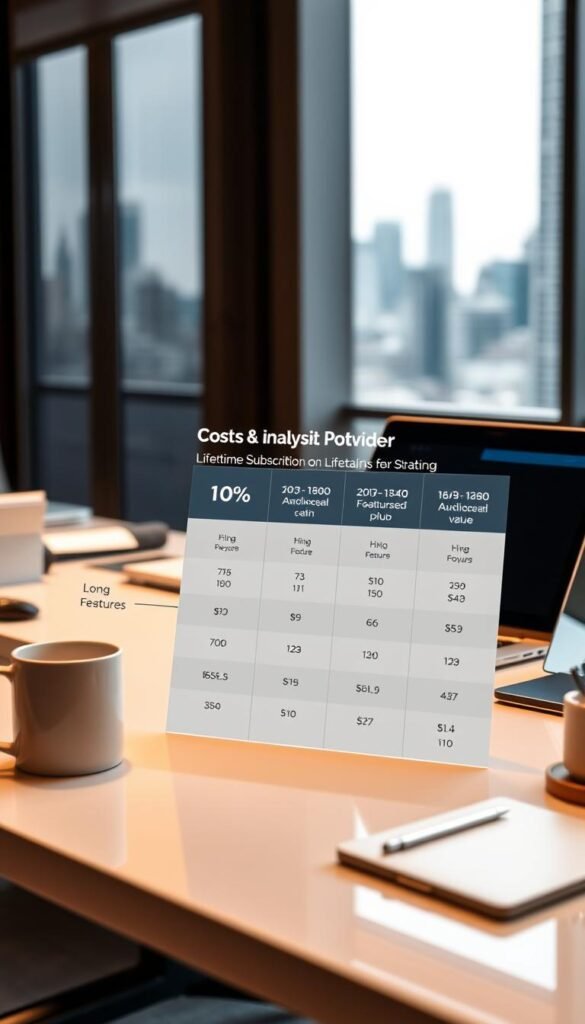 A detailed cost analysis chart comparing the Hoxtoon Provider lifetime subscription against their monthly plans. The chart is displayed on a sleek, modern desk with a laptop, coffee mug, and other office accessories in the foreground. The background features a blurred city skyline, conveying a professional, corporate atmosphere. The chart itself is clean and minimalist, showcasing key metrics such as pricing, features, and long-term value in a clear, easy-to-understand format. Warm, directional lighting illuminates the scene, creating depth and highlighting the important details.