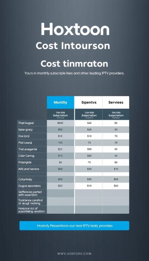 A detailed cost comparison chart contrasting the monthly subscription fees and service features of the Hoxtoon Provider against other leading IPTV providers. The chart is presented on a sleek, minimalist background with a subtle grid pattern, conveyed in a cool, sophisticated color palette of greys, blues, and whites. The Hoxtoon Provider brand name is prominently displayed at the top, with the service's logo visible. The chart elements are neatly organized, using clear typographic hierarchy and data visualization techniques to highlight the key cost differences and feature comparisons between the providers. Overall, the image has a clean, data-driven aesthetic that effectively communicates the comparative IPTV pricing information.