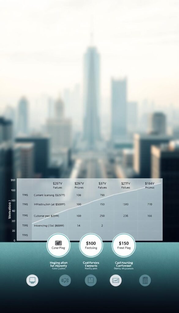A detailed, visually striking infographic depicting the cost breakdown of an IPTV service. In the foreground, a sleek, modern graph showcases the various pricing tiers and features of the "Hoxtoon Provider" IPTV package, rendered in a clean, minimalist style. The middle ground features a series of circular icons representing the different cost components, such as content licensing, infrastructure, and customer support. In the background, a soft, blurred cityscape provides a stylish, urban context. The lighting is soft and directional, creating depth and dimension. The overall mood is one of professionalism, clarity, and technological sophistication.