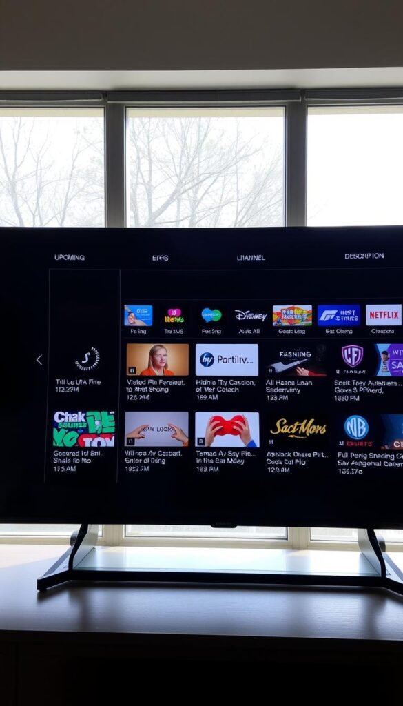A digital television interface displaying an electronic program guide (EPG) for a Hoxtoon Provider IPTV service. The EPG shows a grid of upcoming TV show listings across multiple channels, with detailed information about each program including title, description, start/end times, and channel logos. The interface has a sleek, modern design with a dark color scheme and minimalist styling. The EPG is displayed on a large, high-resolution screen with natural lighting from a window casting a soft glow across the screen. The overall scene conveys a sense of convenience and simplicity for navigating and discovering IPTV content.