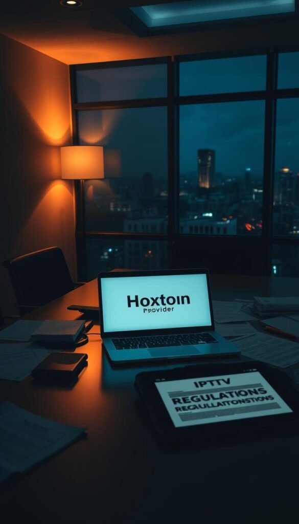 A dimly lit boardroom, the air thick with legal jargon. On the table, a laptop displays the Hoxtoon Provider logo, surrounded by scattered documents and a tablet showcasing IPTV regulations. Soft, warm lighting illuminates the scene, casting subtle shadows and creating an atmosphere of seriousness and contemplation. In the background, a large window offers a glimpse of a bustling city skyline, hinting at the broader context of the IPTV industry. The overall mood conveys the weight and importance of navigating the legal landscape of IPTV services.