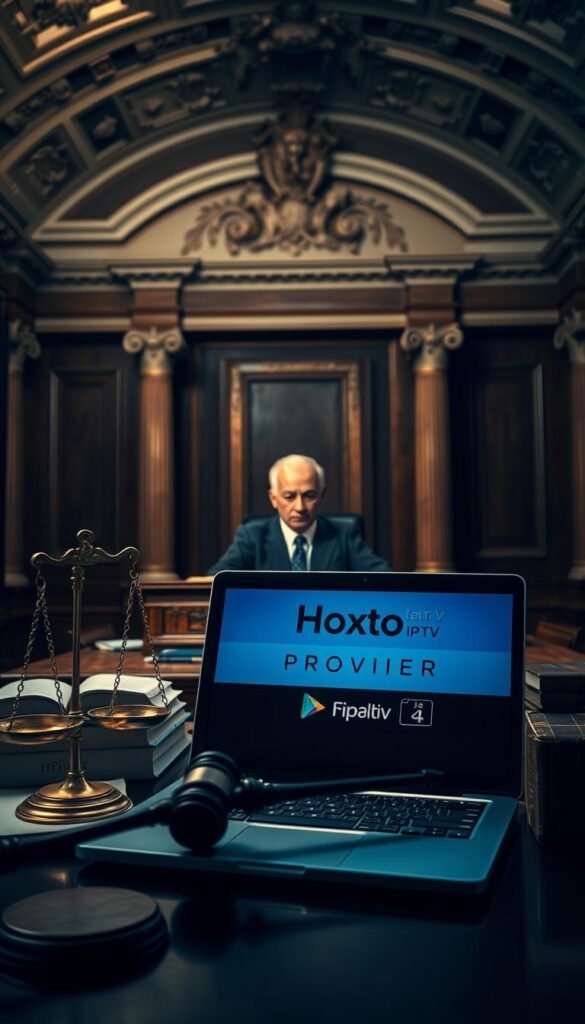 A dimly lit courtroom, the scales of justice prominently displayed. In the foreground, a laptop screen shows the Hoxtoon Provider IPTV service, its legality being scrutinized. Surrounding the laptop, law books, gavel, and a prosecutor's table, conveying the gravity of the legal proceedings. The middle ground features a stern-faced judge, their expression reflecting the weight of the decision. In the background, a vaulted ceiling and ornate columns suggest the grandeur and authority of the German legal system. The overall atmosphere is one of tension and uncertainty, as the legality of IPTV usage in Germany hangs in the balance.