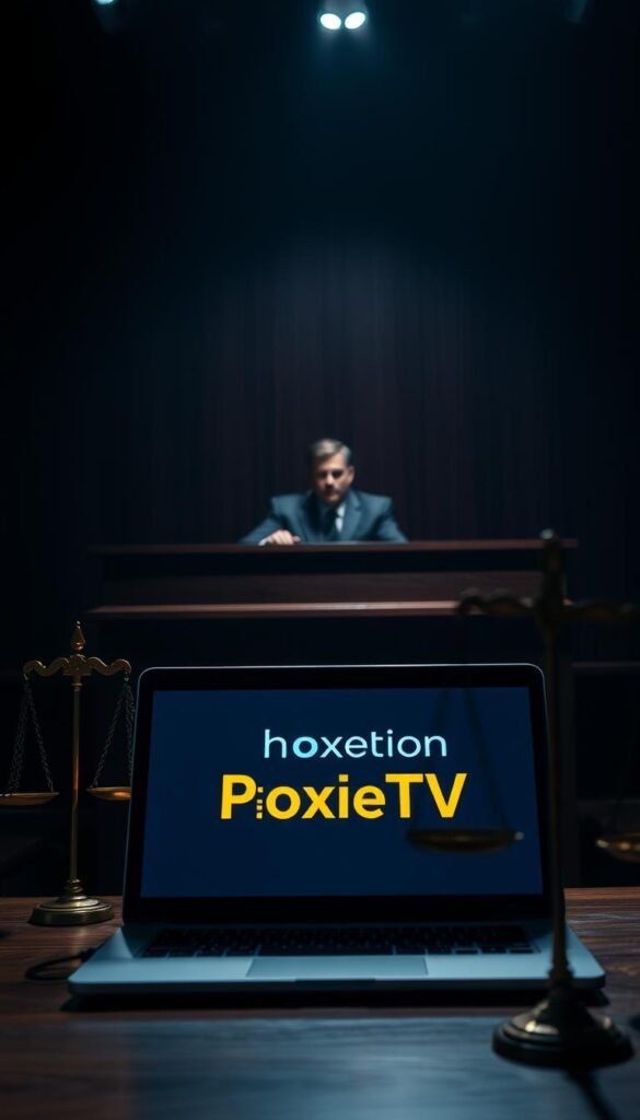 A dimly lit courtroom, the scales of justice prominently displayed. In the foreground, a laptop screen showcases the Hoxtoon Provider IPTV service, its legality in Germany the subject of intense debate. The middle ground features a judge's bench, their expression stern as they contemplate the complexities of this digital landscape. The background is shrouded in shadows, hinting at the underlying tensions and uncertainty surrounding the legality of IPTV in the country. The scene is lit by a single spotlight, casting dramatic shadows and creating an atmosphere of gravity and legal scrutiny.