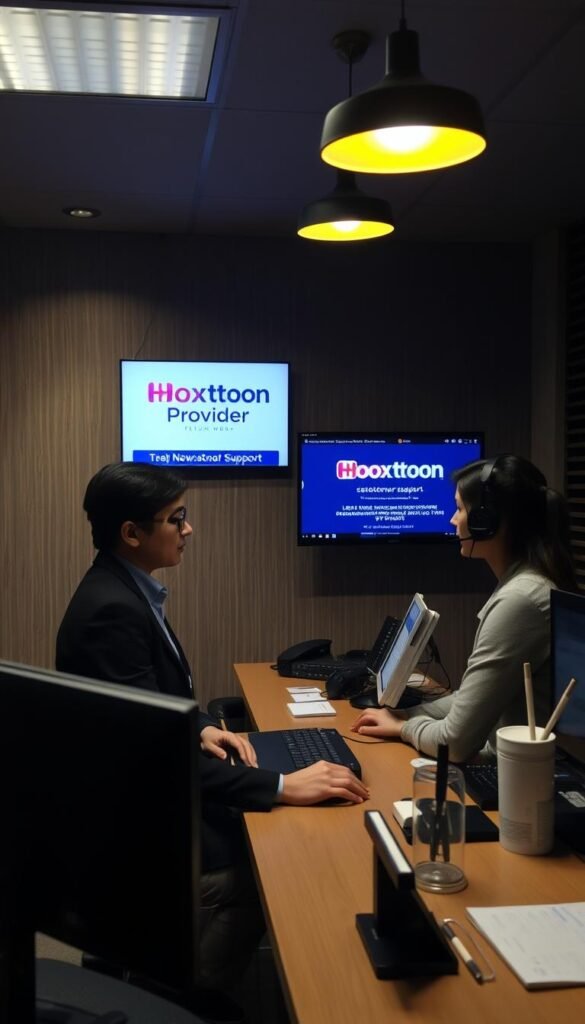 A dimly lit customer service office, with a Hoxtoon Provider branded desk and desk accessories. In the foreground, a customer service representative in a professional attire is assisting a customer, their expressions conveying empathy and problem-solving. The background features a wall-mounted monitor displaying the Hoxtoon Provider logo and technical support information. Soft, warm lighting illuminates the scene, creating a welcoming and efficient atmosphere. The overall impression is one of a reliable and responsive IPTV customer support experience.