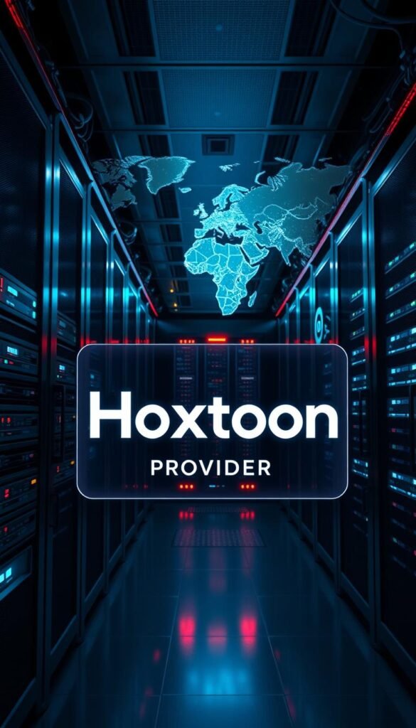 A dimly lit, high-tech server room with sleek, modern hardware and glowing displays showcasing global network connectivity. In the foreground, a Hoxtoon Provider logo prominently displayed on a large, holographic interface, symbolizing the seamless worldwide IPTV streaming service. The middle ground features cable-filled racks and blinking status lights, conveying the complex infrastructure powering the global network. The background depicts a world map with pulsing data streams connecting various regions, highlighting the worldwide coverage and reach of the Hoxtoon IPTV service. The overall scene exudes a sense of reliability, efficiency, and technological sophistication.