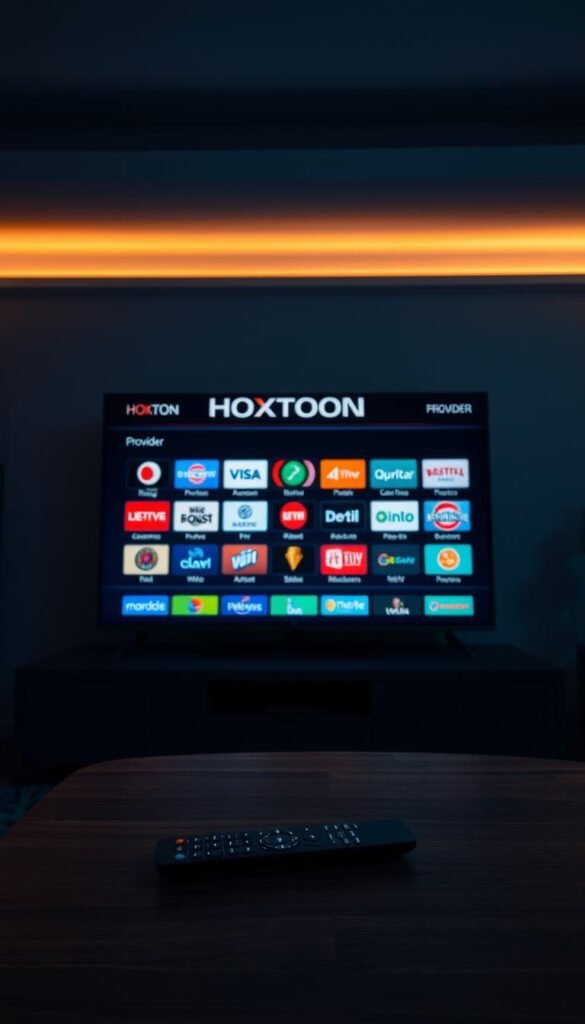 A dimly lit home entertainment center, showcasing a sleek, modern HOXTOON Provider interface on a large flatscreen TV. The screen displays a grid of colorful, high-definition Turkish IPTV channel logos, inviting the viewer to explore a diverse array of programming. The room is bathed in a warm, ambient lighting, creating a cozy and immersive atmosphere. In the foreground, a high-end remote control rests on a minimalist, wooden coffee table, hinting at the seamless user experience. The overall scene conveys a sense of effortless access to a world of Turkish entertainment, tailored to the viewer's preferences.