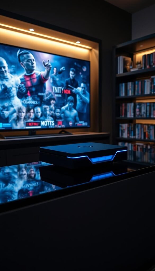 A dimly lit home entertainment center, showcasing a sleek, modern IPTV streaming device on a glossy black media console. The device's minimalist design and glowing blue LED accents catch the eye, hinting at the powerful Hoxtoon Provider platform it represents. Surrounding the device, shelves are neatly arranged with a vast collection of movie and TV show covers, reflecting the extensive VOD library available through the service. Soft, warm lighting illuminates the scene, creating a cozy, inviting atmosphere, while a large, high-definition TV displays vibrant, cinematic imagery, immersing the viewer in the IPTV experience.