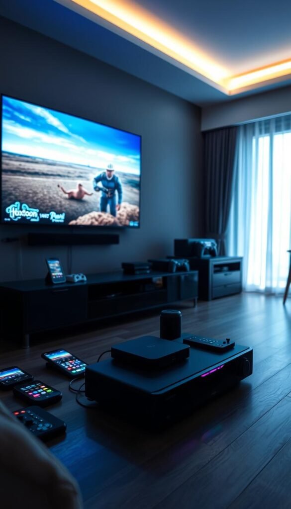 A dimly lit home entertainment setup, showcasing a Hoxtoon Provider IPTV service running seamlessly on multiple devices simultaneously. In the foreground, a stylish living room with a large, high-definition television displaying vibrant, clear content. Surrounding the TV, various electronic devices, such as smartphones, tablets, and gaming consoles, all connected and streaming the Hoxtoon Provider service without interruption. The middle ground features a sleek, modern media console, housing the IPTV hardware and creating a cohesive, premium aesthetic. In the background, subtle ambient lighting sets a cozy, immersive atmosphere, highlighting the seamless integration of the Hoxtoon Provider system across the household. The overall scene conveys the reliable, high-performance capabilities of the IPTV subscription, catering to the demands of a modern, tech-savvy household.