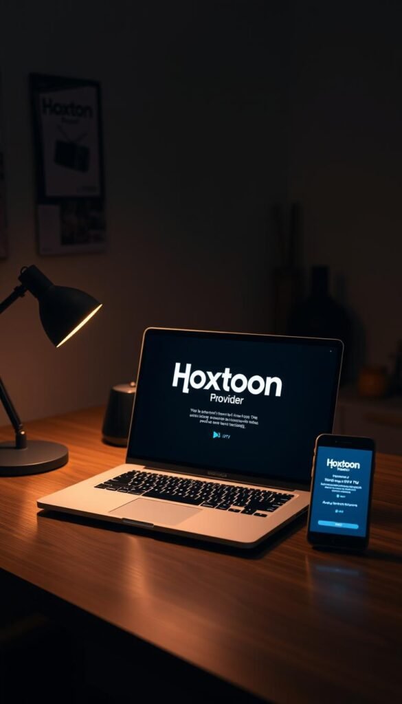A dimly lit home office, a laptop and a smartphone on a wooden desk. The Hoxtoon Provider logo prominently displayed on the laptop screen, guiding the user through the IPTV setup process. Sleek, modern office accessories and minimalist decor set a sophisticated tone. Warm task lighting casts a soft glow, creating an atmosphere of focused productivity. The scene conveys the seamless integration of technology into a professional, yet welcoming workspace, ready to unlock the world of live sports and entertainment through the Hoxtoon IPTV service.