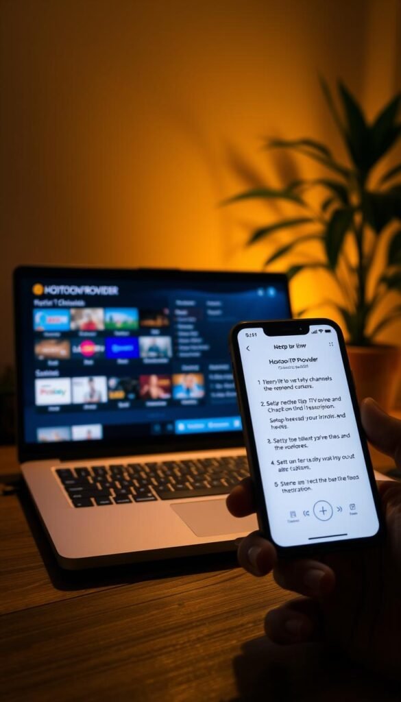 A dimly lit home office, a laptop and a smartphone on a wooden desk. The laptop screen displays the Hoxtoon Provider IPTV service menu, showcasing a variety of live TV channels and on-demand content. The smartphone displays a step-by-step guide for setting up the Hoxtoon IPTV subscription, with a focus on the user-friendly interface and intuitive controls. Soft, warm lighting creates a cozy atmosphere, and a potted plant adds a touch of greenery to the scene. The overall impression is one of a seamless, hassle-free IPTV setup experience.
