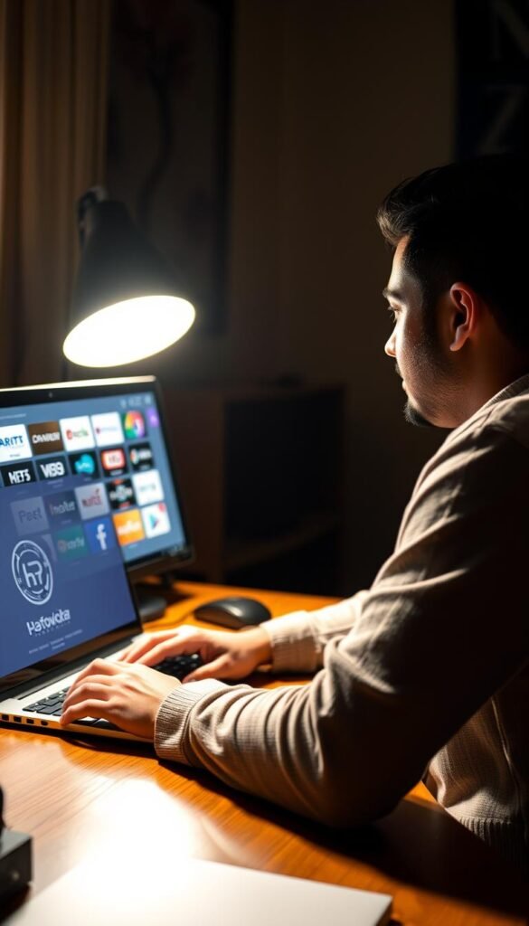 A dimly lit home office, a person sitting at a desk intently studying various IPTV service providers on a laptop screen. On the desk, a stylized Hoxtoon Provider logo stands out, conveying a sense of professionalism and authority. The room is bathed in a warm, cozy glow, with a soft, directional light from a nearby lamp illuminating the scene. The person's expression is one of focused concentration, reflecting the importance of choosing the right IPTV service to meet their needs. The overall atmosphere is one of thoughtful decision-making, with a touch of anticipation for the potential benefits of the selected IPTV service.