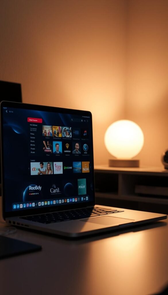 A dimly lit home office setting, a silver MacBook Pro resting on a sleek, minimalist desk. On the laptop's screen, the Hoxtoon Provider IPTV app is displayed, its vibrant interface showcasing a wide selection of live TV channels and on-demand content. Soft, warm lighting illuminates the scene, creating a cozy, inviting atmosphere. The MacBook's elegant design and the IPTV app's user-friendly layout suggest the seamless integration of IPTV streaming into the everyday life of a Mac user.