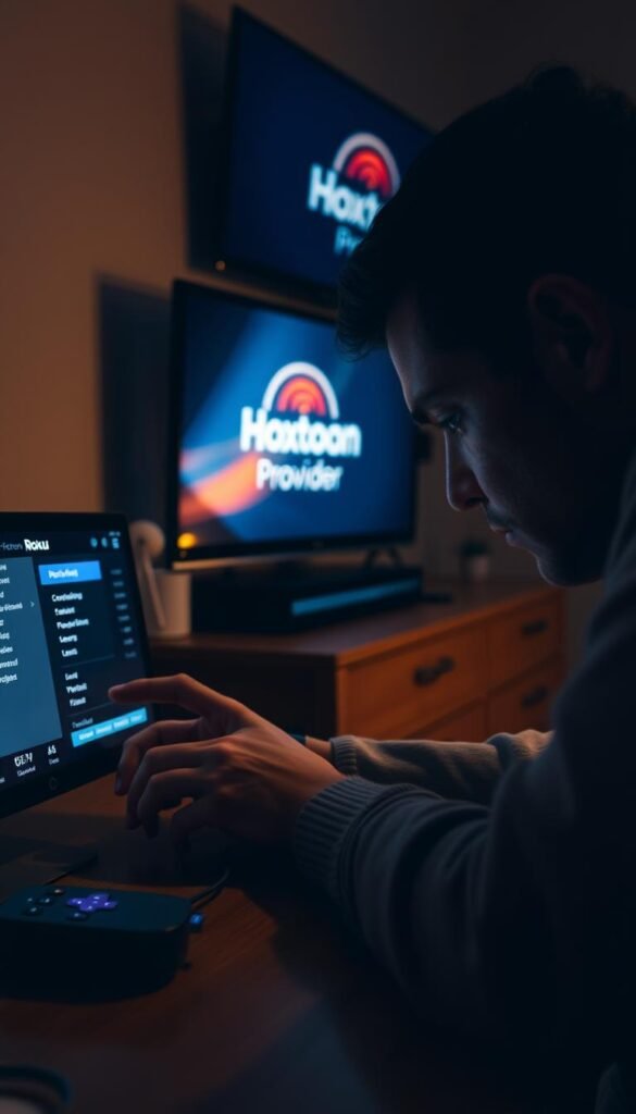 A dimly lit home office setting, with a Roku device prominently displayed on a wooden desk. The user is intently troubleshooting an IPTV issue, their brow furrowed in concentration as they navigate the device's on-screen menus. The background features a wall-mounted TV, showcasing the Hoxtoon Provider logo, hinting at the source of the IPTV service. Soft, warm lighting illuminates the scene, creating a focused and contemplative atmosphere. The overall composition conveys the challenges and problem-solving process of optimizing IPTV performance on a Roku device.