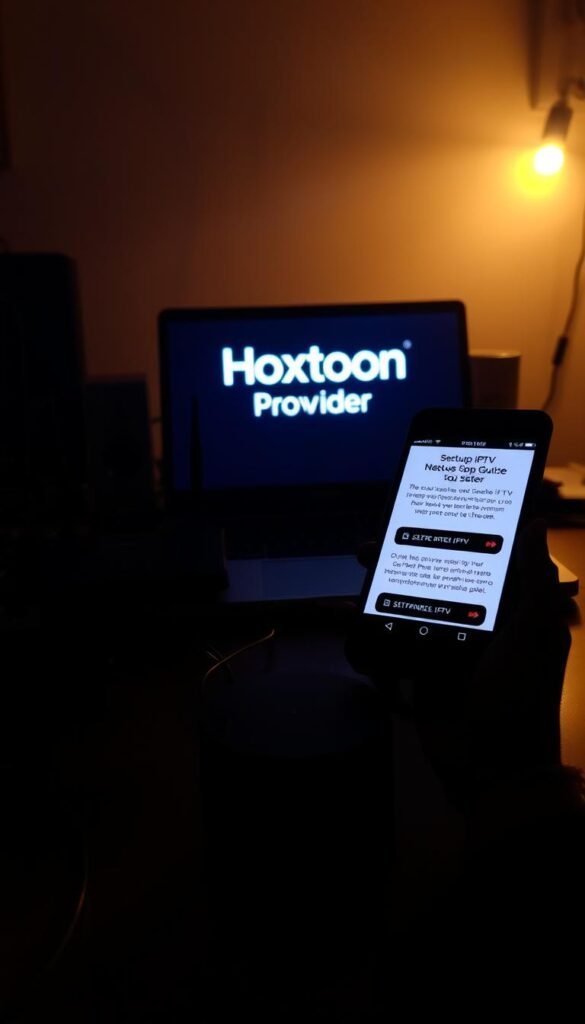 A dimly lit home office setup, with a laptop prominently displaying the "Hoxtoon Provider" logo on the screen. The desk is cluttered with cables, a router, and a smartphone displaying a step-by-step IPTV setup guide. Soft, warm lighting illuminates the scene, creating a cozy and focused atmosphere. The background is hazy, blurred, and indistinct, allowing the setup details to take center stage. The composition is balanced, with the laptop and setup elements occupying the foreground, and the supporting devices and accessories in the middle ground. The overall impression is one of a user-friendly and straightforward IPTV installation process.
