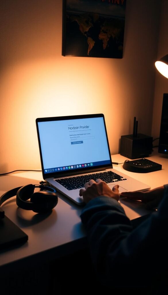 A dimly lit home office setup, with a laptop screen displaying the Hoxtoon Provider IPTV configuration interface. The laptop is positioned on a clean, minimalist desk, surrounded by a few essential accessories like a mouse and a pair of stylish headphones. The room is illuminated by a soft, warm light, creating a focused and productive atmosphere. The camera angle is slightly elevated, providing a clear view of the laptop screen and the user's hands interacting with the IPTV setup. The overall scene conveys a sense of professionalism and attention to detail in the process of configuring the IPTV service.