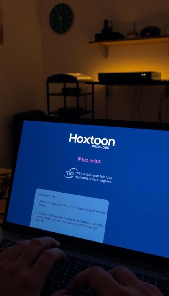 A dimly lit home office setup, with a laptop screen displaying the Hoxtoon Provider logo and IPTV setup instructions. In the foreground, a user's hands are navigating the laptop's trackpad, conveying a sense of focus and engagement. The middle ground features neatly organized cables, a router, and other networking equipment, suggesting a well-planned and efficient setup. The background showcases a cozy, minimalist home environment, creating a calming and productive atmosphere. The lighting is soft and warm, highlighting the attention to detail and creating a welcoming ambiance. The overall scene conveys the process of setting up a reliable Hoxtoon Provider IPTV service in a home setting.