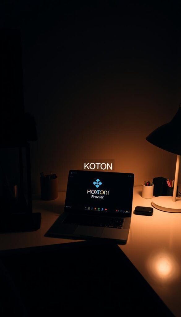 A dimly lit home office setup, with a laptop screen displaying the Kodi media center interface. The laptop is situated on a clean, minimalist desk, surrounded by a sleek, modern lamp and a neatly organized array of office supplies. On the laptop screen, the Hoxtoon Provider logo is prominently displayed, indicating the IPTV service being used to access a wide variety of live TV channels and sports content. The room is bathed in a warm, subdued lighting, creating a cozy and focused atmosphere, perfect for setting up and customizing the Kodi IPTV experience.
