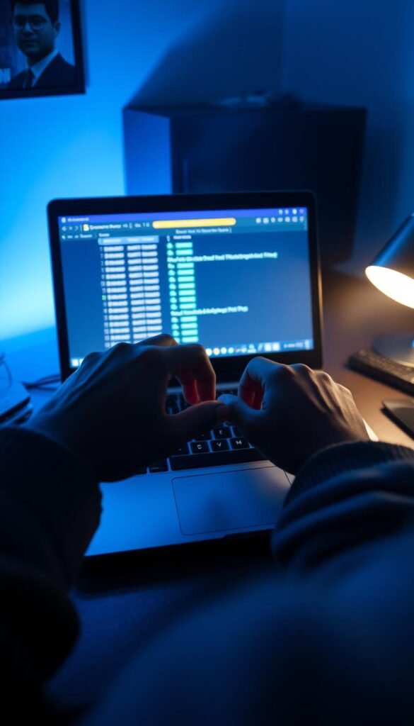 A dimly lit home office, the glow of a laptop casting a soft light across the desk. On the screen, a Hoxtoon Provider lifetime IPTV .m3u file, its contents secure and protected. In the foreground, a pair of hands carefully navigating the file, ensuring its safety and integrity. The room is hazy, with a subtle hue of blue, creating an atmosphere of focused concentration. The camera angle is slightly elevated, capturing the scene from an overhead perspective, emphasizing the importance of the task at hand. The overall mood is one of diligence and caution, as the user takes the essential safety measures to use the lifetime IPTV .m3u file responsibly.
