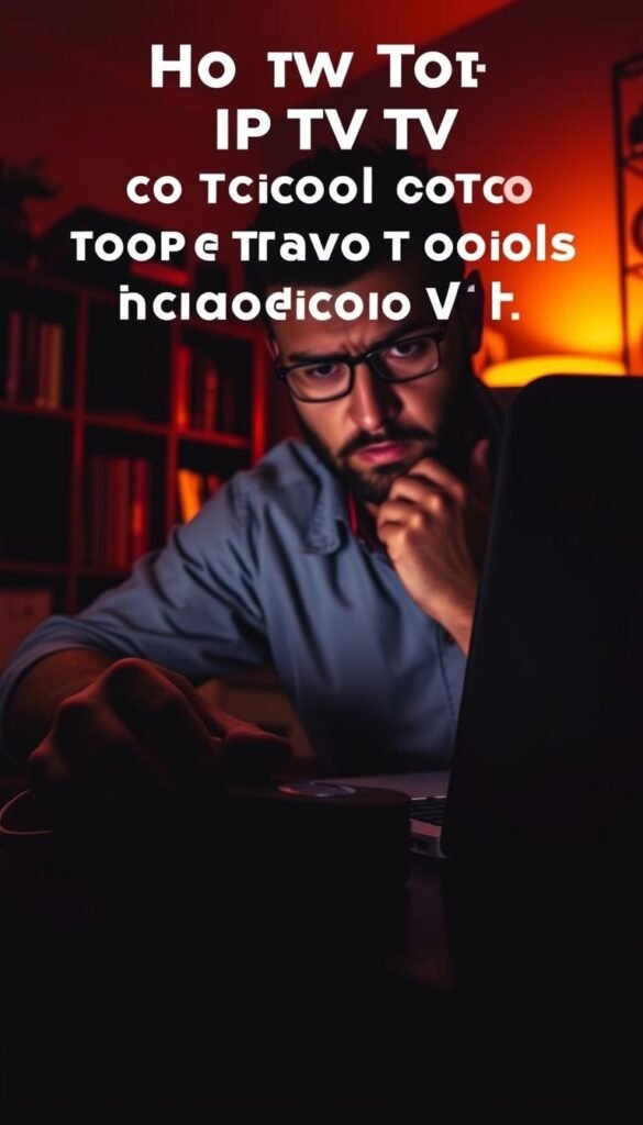 A dimly lit home office, with a Firestick device prominently displayed on a desk. The user, a frustrated tech enthusiast, is intently examining the device, a furrowed brow and a laptop open beside them, as they troubleshoot the Hoxtoon Provider IPTV service. The room is filled with a warm, orange glow, reflecting the user's determined expression. Shadows cast by the Firestick create a moody, atmospheric feel, emphasizing the technical challenge at hand. The scene conveys the sense of a user deeply engaged in problem-solving, surrounded by the tools and technology needed to overcome a common IPTV issue on the Firestick.