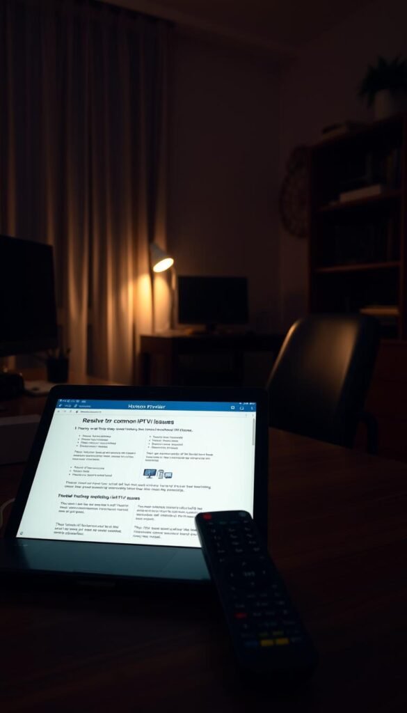 A dimly lit home office with a desk and chair, a laptop open displaying troubleshooting steps, and a Hoxtoon Provider IPTV remote control on the desk. The room is bathed in a soft, warm glow, creating a contemplative atmosphere. The laptop screen shows a detailed guide on resolving common IPTV issues, with diagrams and step-by-step instructions. The overall scene conveys a sense of problem-solving and technical expertise.