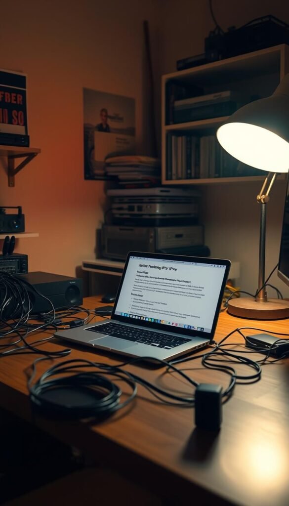 A dimly lit home office with a desk and computer setup. On the desk, an open laptop displaying a troubleshooting guide for the Hoxtoon Provider IPTV service. Cables and networking equipment surround the laptop, conveying a sense of technical troubleshooting. The room is bathed in a warm, amber glow from a desk lamp, creating a cozy and focused atmosphere. The walls are adorned with shelves holding technical manuals and networking devices, hinting at the user's expertise. The overall scene suggests a skilled IPTV user tackling common service issues with focus and determination.
